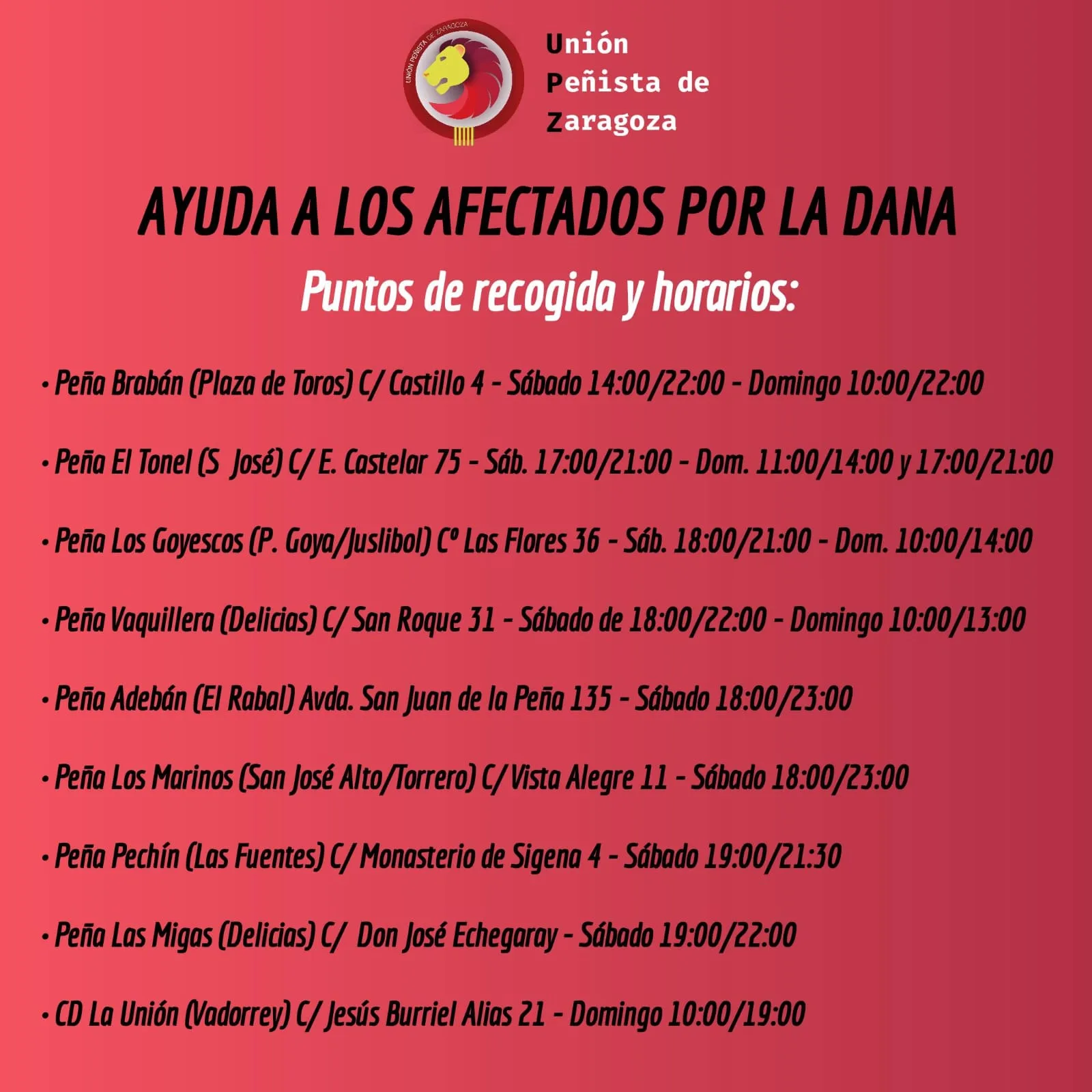 horarios recogida en las peñas de UPZ