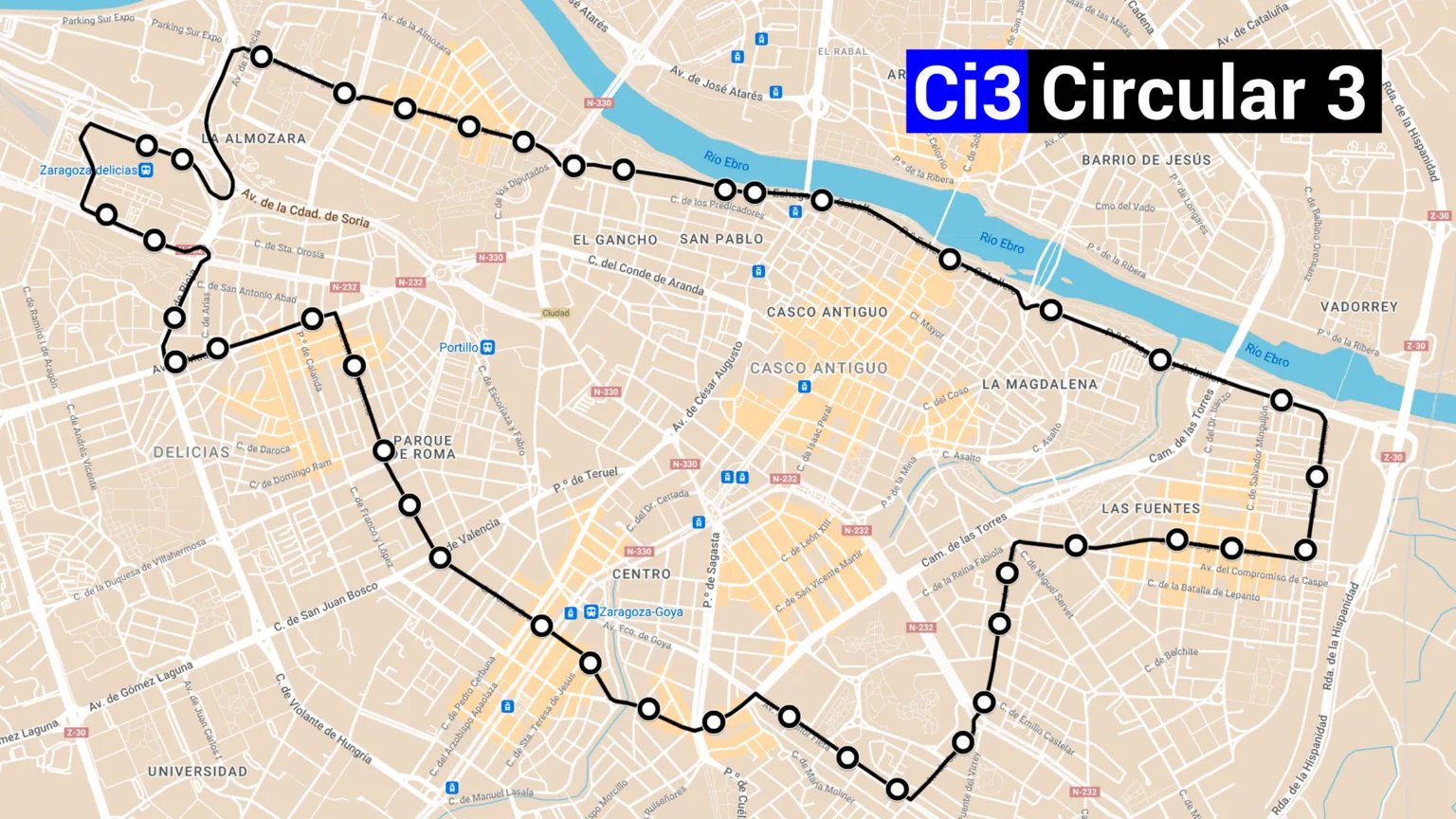 Plano recorrido línea Ci3 circular en Zaragoza