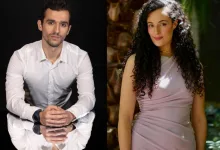 Split image: man in a white shirt with folded hands on a reflective surface, left side; woman with curly hair in a lavender dress outdoors, right side.