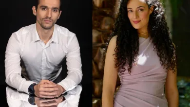 Split image: man in a white shirt with folded hands on a reflective surface, left side; woman with curly hair in a lavender dress outdoors, right side.