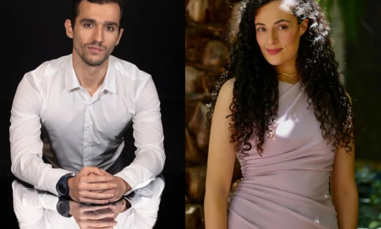 Split image: man in a white shirt with folded hands on a reflective surface, left side; woman with curly hair in a lavender dress outdoors, right side.