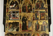 Gold-ground altarpiece with multiple panels depicting biblical scenes and saints in arched niches. Central figures shown with halos, surrounded by smaller scenes on gold background.