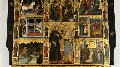 Gold-ground altarpiece with multiple panels depicting biblical scenes and saints in arched niches. Central figures shown with halos, surrounded by smaller scenes on gold background.