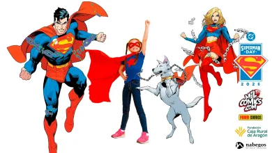 Child in blue shirt with red cape posing heroically between two Superman characters and a gray dog, all on a white background; event logos appear on the right edge (Superman Day 2026).