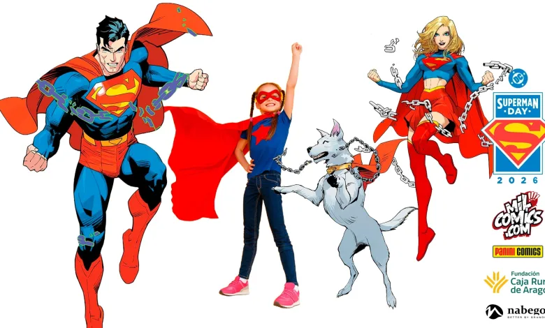 Child in blue shirt with red cape posing heroically between two Superman characters and a gray dog, all on a white background; event logos appear on the right edge (Superman Day 2026).