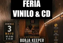 Poster advertising a vinyl and CD fair titled 'Feria Vinilo & CD' at PBC Club Zaragoza with DJs Borja Keeper and Antypoda DJ, in a dark club setting with a central black banner highlight.