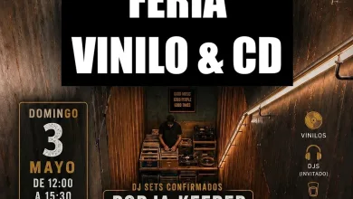 Poster advertising a vinyl and CD fair titled 'Feria Vinilo & CD' at PBC Club Zaragoza with DJs Borja Keeper and Antypoda DJ, in a dark club setting with a central black banner highlight.