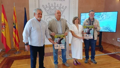 Group of four adults posing with posters in a conference room, flags to the left and a large emblem on the wall behind them.