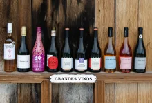Row of assorted wine bottles on a wooden shelf with a rustic backdrop and a sign reading 'GRANDES VINOS' beneath them.