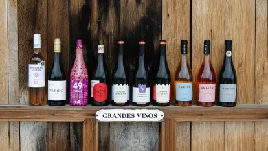 Row of assorted wine bottles on a wooden shelf with a rustic backdrop and a sign reading 'GRANDES VINOS' beneath them.