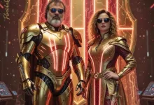 Man and woman in gold sci‑fi armor and sunglasses stand before a glowing orange energy backdrop with the title Memoria y Purval in the background.