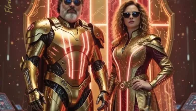 Man and woman in gold sci‑fi armor and sunglasses stand before a glowing orange energy backdrop with the title Memoria y Purval in the background.