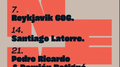 Event poster for Nuevos Escenarios Musicales: bold red geometric shapes with black text announcing free-entry concert series at Iglesia de Sta. Isabel, Zaragoza, May 2026 at 20:00. Listings include 7: Reykjavik 606; 14: Santiago Latorre; 21: Pedro Ricardo & Damián Botigué; 28: Bremer & McCoy. Includes venue map/logos at bottom.