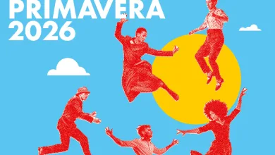 Promotional poster for Primavera 2026; blue background, white title, red dancing figures around a large yellow sun.