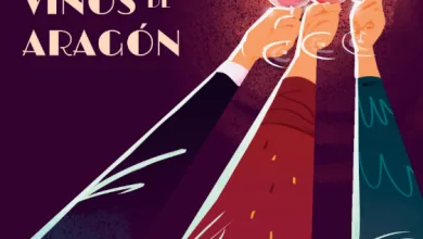 Poster for the XVIII Feria de los Vinos de Aragón, with toasting hands holding wine glasses and dates 17-18-19 abril, Montaña.