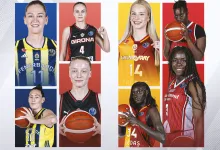 Collage of eight female basketball players in colorful uniforms posing with balls against bold colored backgrounds, representing different teams.