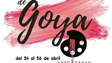 Poster for 'La tapa de Goya' VI Edición, with pink brush stroke, bold black script, and a fork graphic; event dates 24–26 de abril.