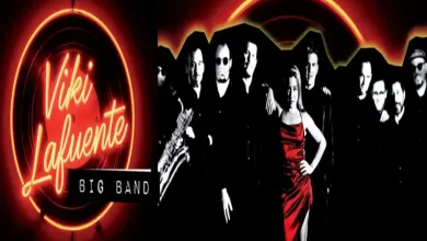 Neon sign says 'Viki Lafuente' beside a 'BIG BAND' banner; a woman in a red dress stands with a jazz band in black-and-white tones behind her.
