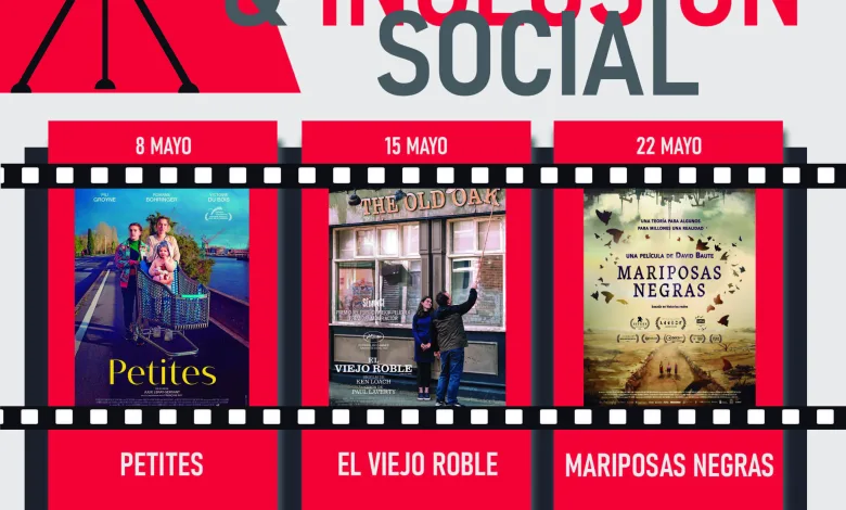 Cartel promocional del XIX ciclo de cine: Justicia e Inclusión Social, con fechas 8, 15 y 22 de mayo y carteles de películas destacadas al fondo.