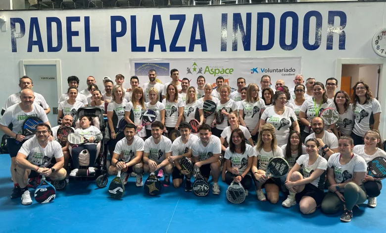 Group of People in White Shirts Pose with Paddles Inside a Sports Hall Large padel Plaza Indoor Sign Behind Them Aspace Zaragoza Organiza Su Iv Jornada Solidaria De Pádel Zaragozala Qué Hacer En Zaragoza