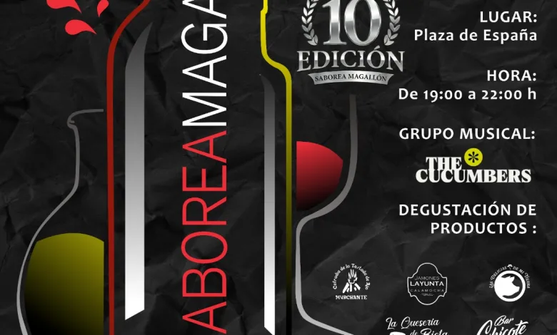 Poster for Magallóns X Feria Del Vino Y Aceite 23 May 2026 Plaza De España 19002200 10th Edition with the Cucumbers Group saborea Magallón Celebra Diez Años Con Catas Tapas Y Música En Directo Zaragozala   Qué Hacer En Zaragoza
