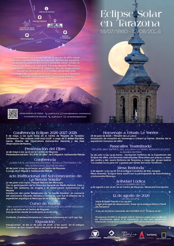 Poster Announcing eclipse Solar En Tarazona with a Left Map of Observation Spots and Parking Icons and a Right Side Showing a Church Tower with a Full Moon Includes Event Details and the Date 12082026 spanish Tarazona Prepara Más De Una Decena De Actividades Para El Eclipse Solar Zaragozala   Qué Hacer En Zaragoza