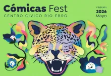 Cómicas Fest poster: stylized leopard head with colorful ribbons on a lime background; May 2026 at Centro Cívico Río Ebro.