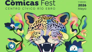 Cómicas Fest poster: stylized leopard head with colorful ribbons on a lime background; May 2026 at Centro Cívico Río Ebro.