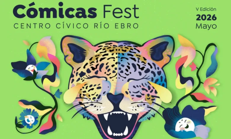 Cómicas Fest poster: stylized leopard head with colorful ribbons on a lime background; May 2026 at Centro Cívico Río Ebro.