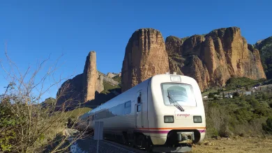 White Renfe train on railroad tracks beside rugged red cliffs under a clear blue sky, with dry vegetation in the foreground.