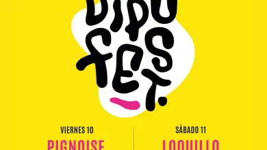 Bright yellow Dip Fest poster: July 2026, 10/11 in Fraga; Pignoise headline with The Moorland, Caché Mallazo, La mochila de Pocholo; Loquillo, Los Rebeldes, Double Vision, Toni Peret on Sat.