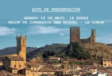 Promotional poster for a presentation on the toponymy of Uncastillo, with title, author, date and sponsor logos at the bottom.