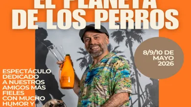 Poster for Teatro del Mercado de Zaragoza announcing 'El Planeta de los Perros' with three performer photos and a smiling man on a bike holding an orange bottle.