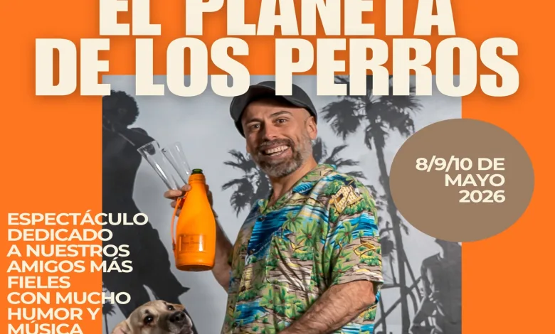 Poster for Teatro del Mercado de Zaragoza announcing 'El Planeta de los Perros' with three performer photos and a smiling man on a bike holding an orange bottle.