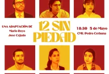 Poster for '12 Sin Piedad' showing a grid of 12 headshots in red/yellow tones with event details at the bottom, including date and venue.