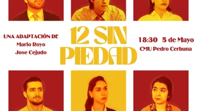 Poster for '12 Sin Piedad' showing a grid of 12 headshots in red/yellow tones with event details at the bottom, including date and venue.