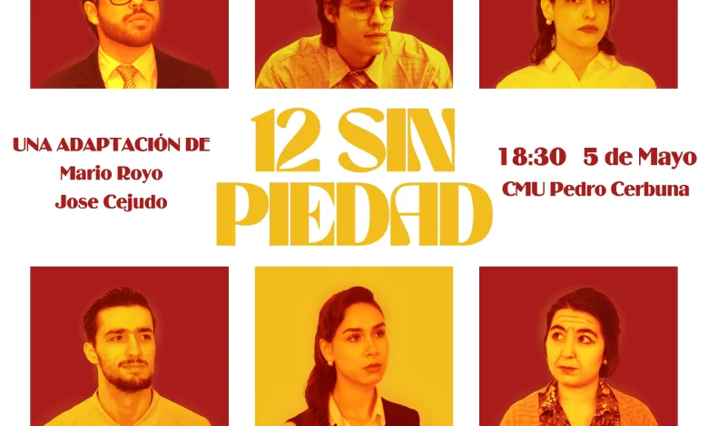 Poster for '12 Sin Piedad' showing a grid of 12 headshots in red/yellow tones with event details at the bottom, including date and venue.