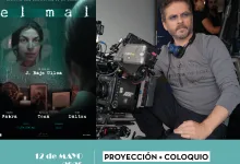 Film-event collage: teal header with 'la buena estrella' and logos; a cameraman operating a large rig; left shows a film poster featuring a woman's face.