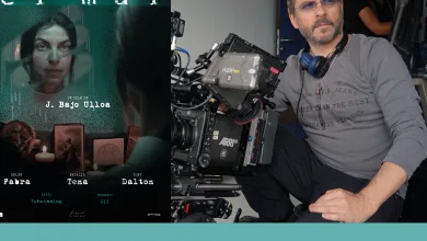 Film-event collage: teal header with 'la buena estrella' and logos; a cameraman operating a large rig; left shows a film poster featuring a woman's face.