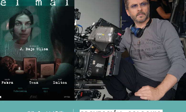 Film-event collage: teal header with 'la buena estrella' and logos; a cameraman operating a large rig; left shows a film poster featuring a woman's face.