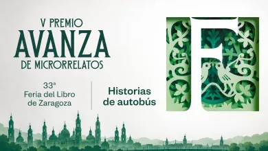 Poster announcing the V Premio AVANZA de microrelatos at Zaragoza Book Fair, with 'Historias de autobús' text and a green decorative panel with birds and leaves.