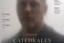 Promotional poster for 'Puritani Catedrales en la niebla' at Teatro del Mercado, Zaragoza, with a blurred portrait and date schedule on the sides.