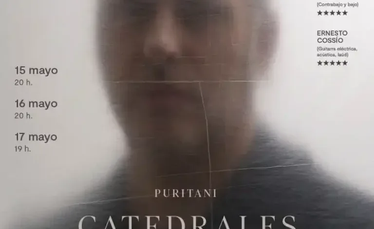 Promotional poster for 'Puritani Catedrales en la niebla' at Teatro del Mercado, Zaragoza, with a blurred portrait and date schedule on the sides.