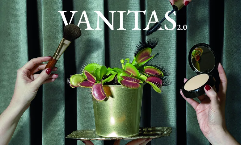 Promotional Image for Vanitas 20 by Olga S Ortiz Hands Hold Makeup Brushes Around a Green Venus Flytrap in a Gold Pot Against Velvet Backdrop Exposición vanitas 20 De Olga S Ortíz En Palacio Montemuzo Zaragozala Qué Hacer En Zaragoza