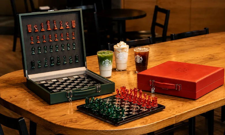 Open Green Chess Set on a Wooden Table with Red and Green Pieces a Red Case Sits Nearby and Three Starbucks Drinks Line Up Behind Them Starbucks Y Milfshakes Llevan El Ajedrez Al Coso Con Un Premio único Zaragozala Qué Hacer En Zaragoza
