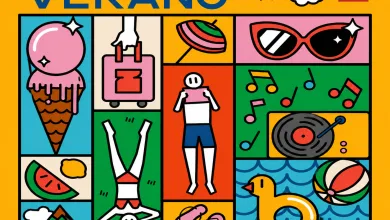 Poster Promoting Free Summer Activities for Youths 1430 with Colorful Icons Ice Cream Luggage Sunglasses Music Swimming Beach Ball Vinyl Record and Mountains in a Grid Layout 12 Lunas Verano Zaragoza Información Y Actividades Zaragozala Qué Hacer En Zaragoza