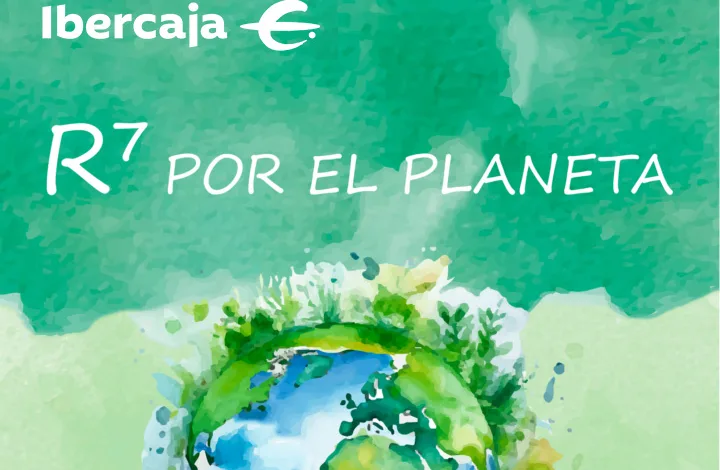 Fundación Ibercaja Campaign Poster Promoting Planet Care with a Watercolor Globe and the Text r7 Por El Planeta El Cra La Huecha De Magallón Gana El Concurso Nacional r7 Por El Planeta De Fundación Ibercaja Zaragozala Qué Hacer En Zaragoza