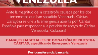 Campaign Poster for Cáritas Venezuela Fundraising Showing Volunteers and Bold White Text cÁritas Con Venezuela with Donation Details in Red Blocks Cáritas Zaragoza Lanza Una Campaña Para Ayudar a Las Víctimas De Los Terremotos En Venezuela Zaragozala   Qué Hacer En Zaragoza