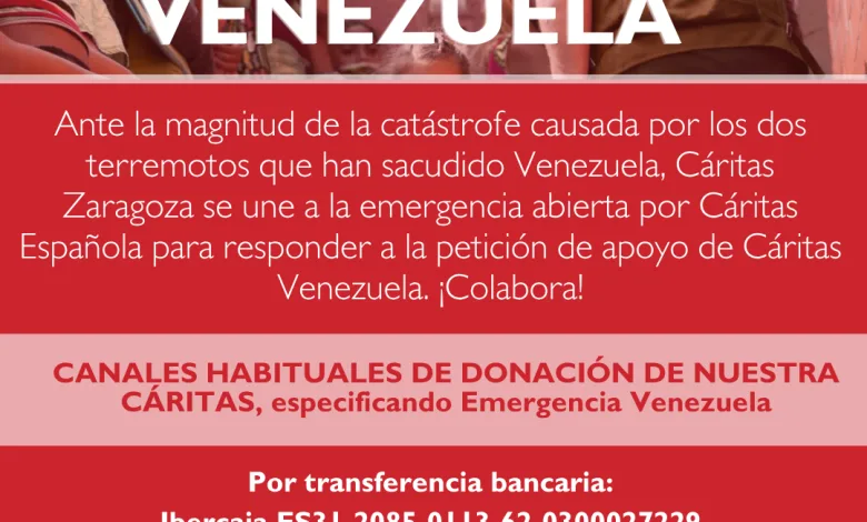 Campaign Poster for Cáritas Venezuela Fundraising Showing Volunteers and Bold White Text cÁritas Con Venezuela with Donation Details in Red Blocks Cáritas Zaragoza Lanza Una Campaña Para Ayudar a Las Víctimas De Los Terremotos En Venezuela Zaragozala   Qué Hacer En Zaragoza