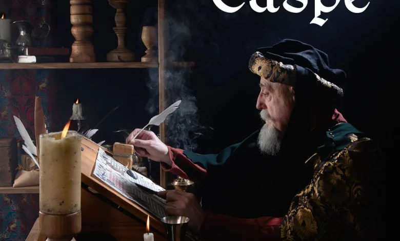 Medieval Scribe at a Wooden Desk by Candles Reading a Manuscript for the Caspe Commemorations Poster june 2628 2026 Compromiso De Caspe 2026 Programa Completo Y Horarios Zaragozala   Qué Hacer En Zaragoza